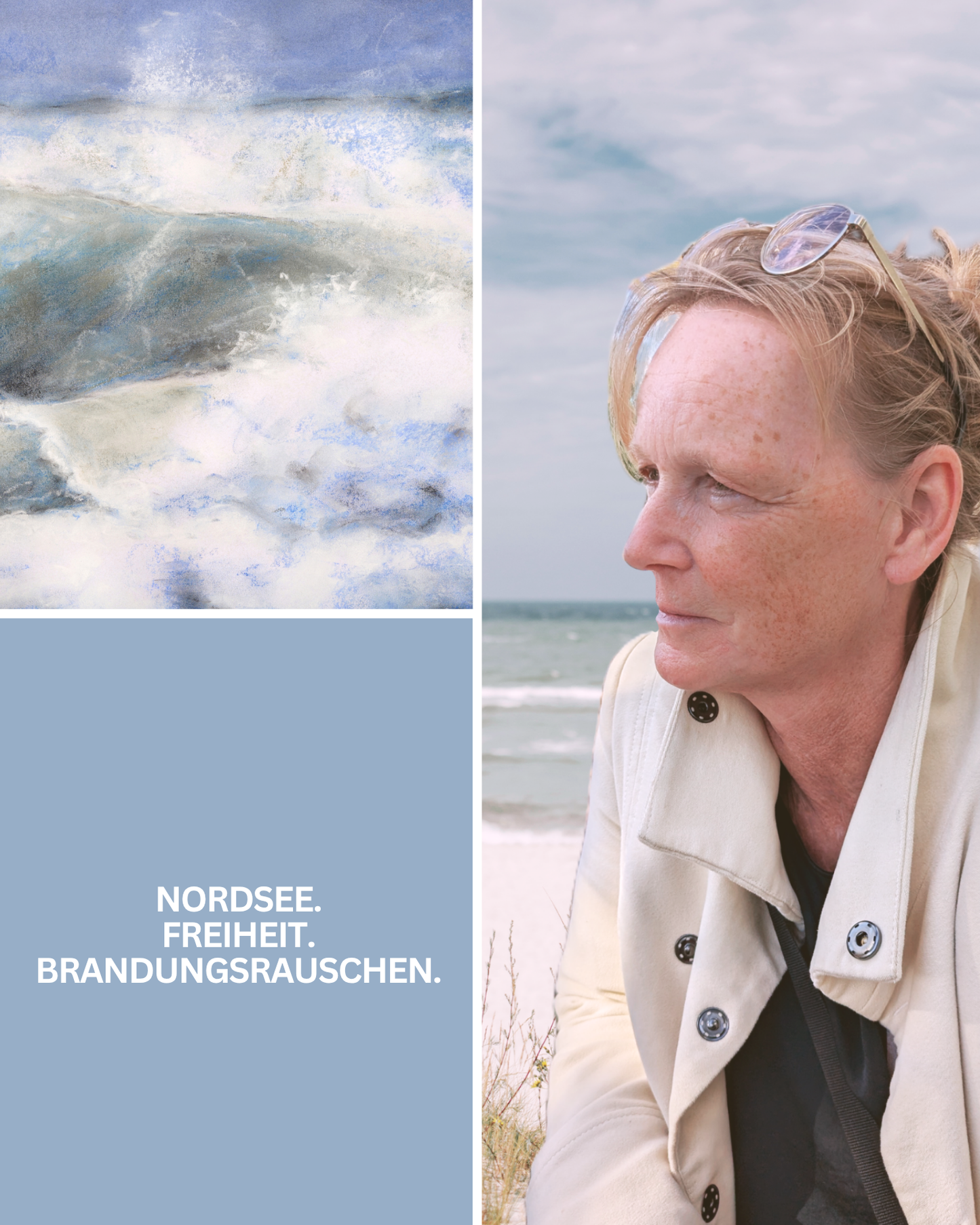 Künstlerin Karen Knop am Meer neben einem Bild der Welle. Emotion und Leinwandkunst.