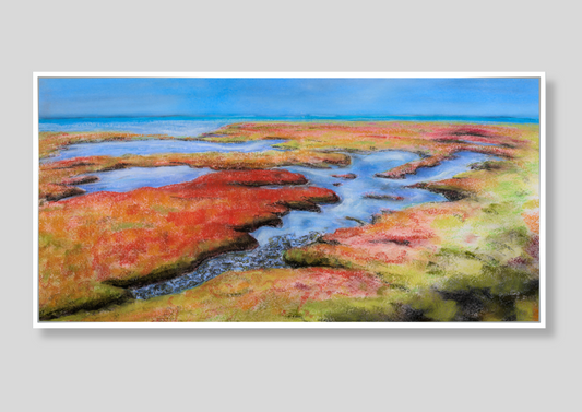 Hochwertiges Leinwandbild "Salzwiesen" von Künstlerin Karen Knop. Abstrakte maritime Wandkunst Nordsee.