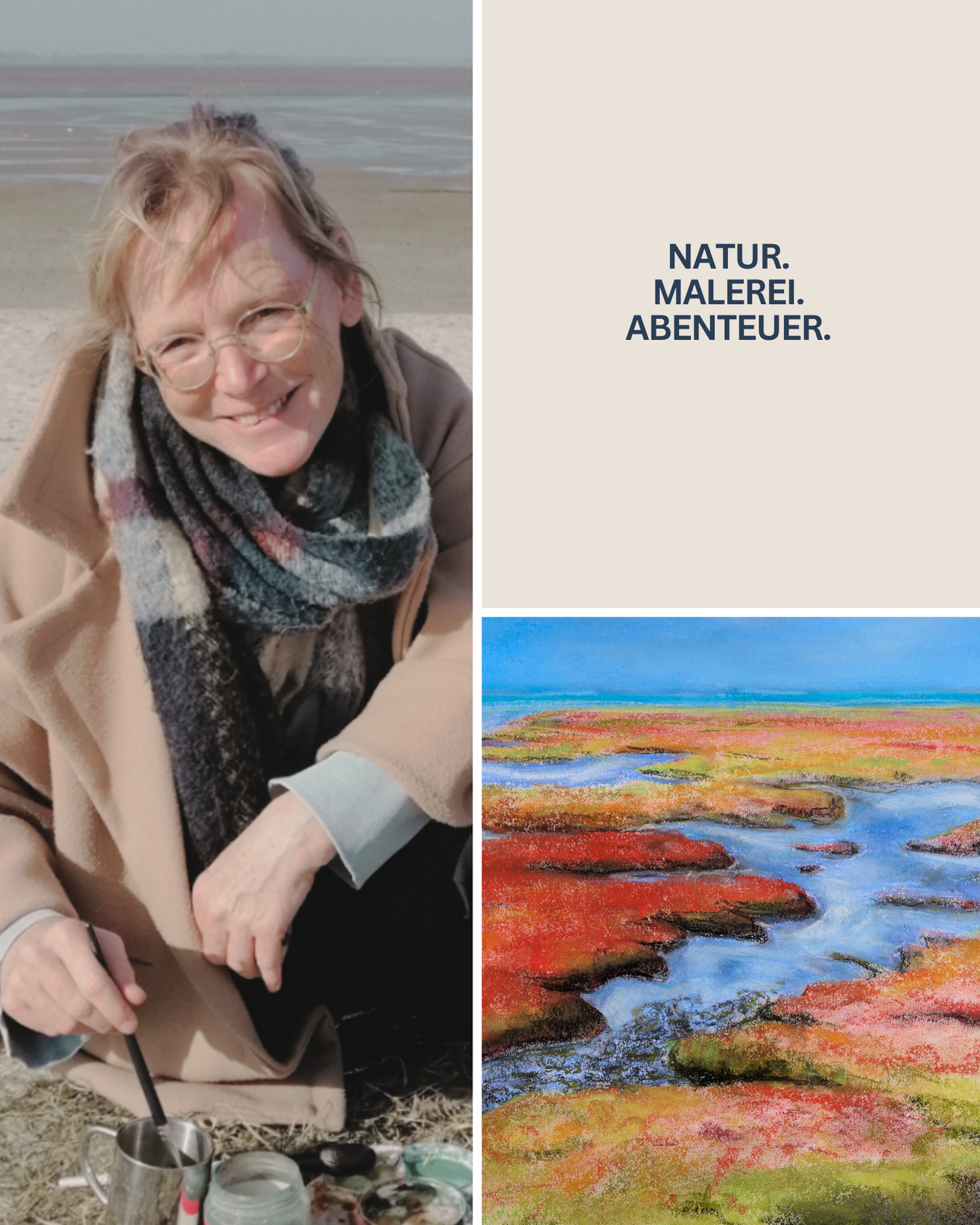 Künstlerin Karen Knop lächelt. Naturverbundenheit und die Leinwandkunst "Salzwiesen".