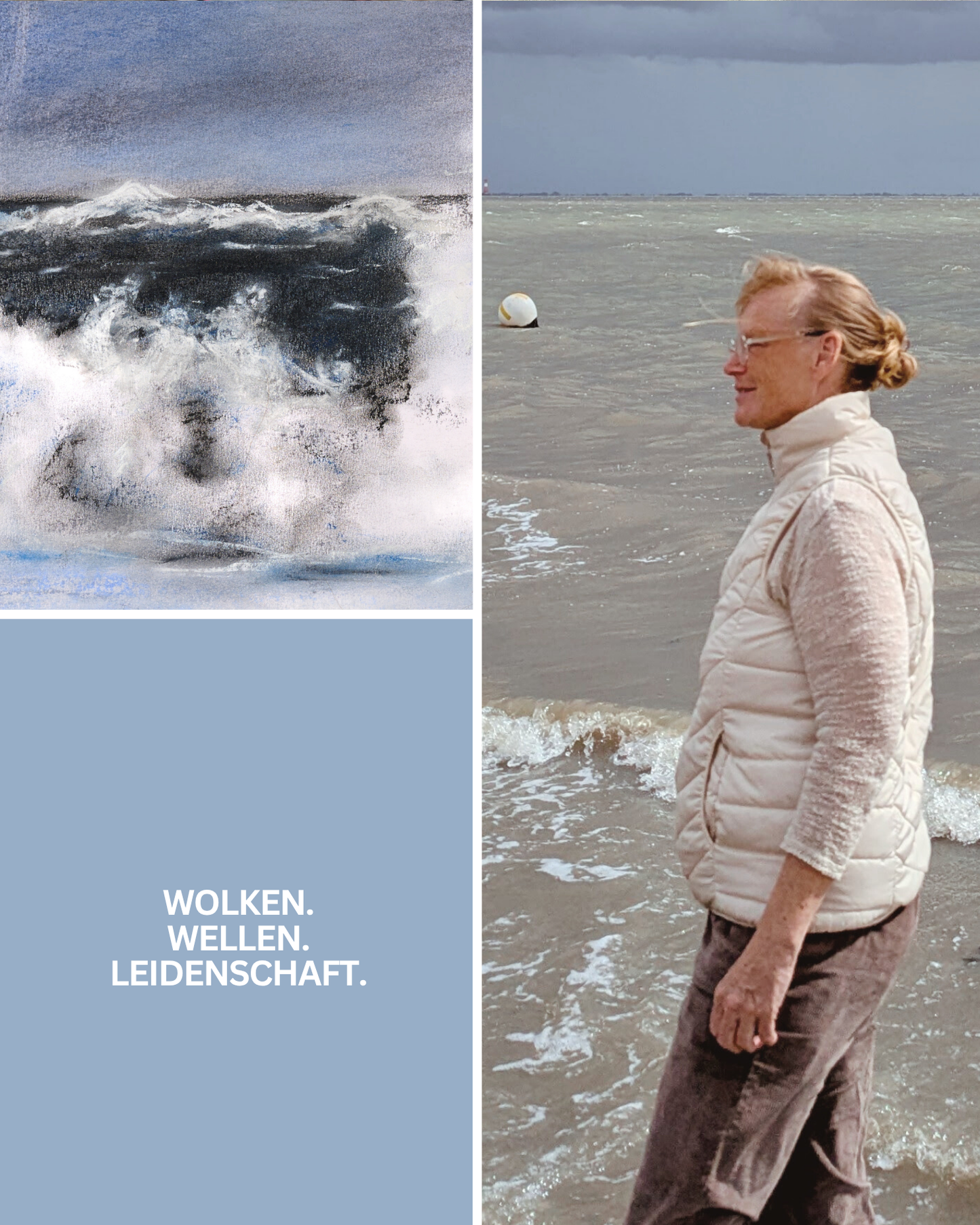 Branding-Bild: Künstlerin Karen Knop neben dem Orkan-Motiv. Fokus auf die Emotion und die Kraft des Meeres.