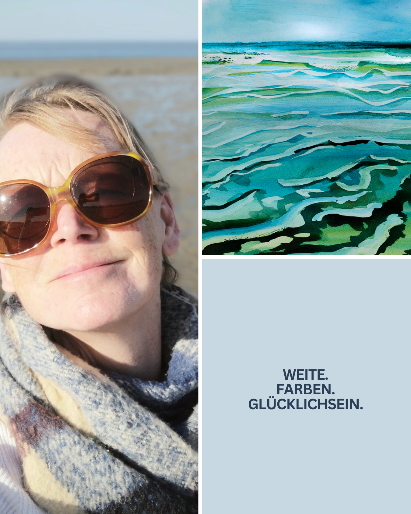 Branding-Bild: Künstlerin Karen Knop neben dem Jadewatt-Motiv. Fokus auf die Künstlerin und die beruhigende Wirkung der Kunst.