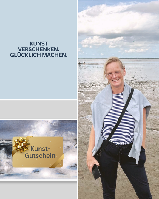 Künstlerin Karen Knop schenkt Freude: Branding-Collage mit Gutschein-Motiv. Das perfekte Geschenk für Kunst-Liebhaber.