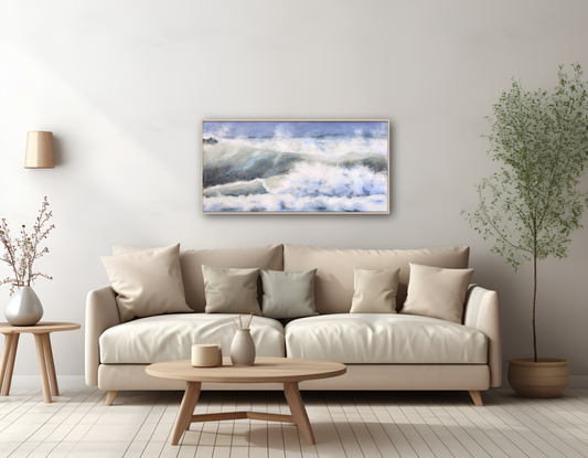 Abstraktes Wellen-Leinwandbild "Stürmische See" als moderne Wanddeko über einem grauen Sofa im Wohnzimmer.