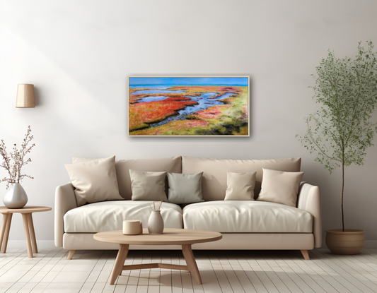 Wandkunst über Sofa: Modernes, farbintensives Leinwandbild "Salzwiesen" der Nordsee in einem hellen Wohnzimmer.