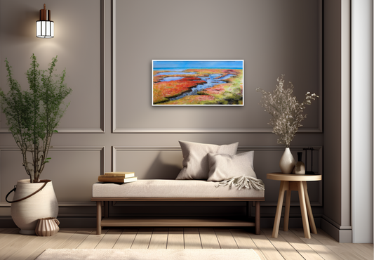 Leinwandbild "Salzwiesen" als moderne, beruhigende Wanddeko über einer Bank im Wohnzimmer.