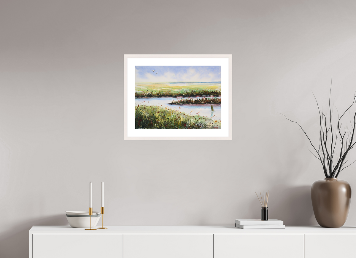 53,8 x 40 cm, Normalrahmen schmal - Passepartout - Ahorn weiß Salzwiesen-Priel
