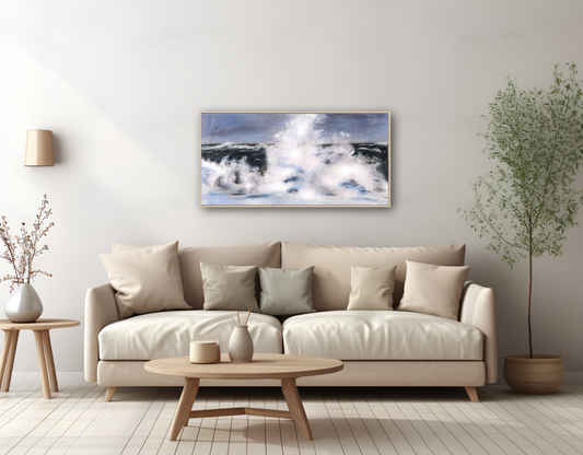 Wandkunst über Sofa: Großformatiges Leinwandbild "Orkan" der stürmischen Nordsee in einem hellen Wohnzimmer.