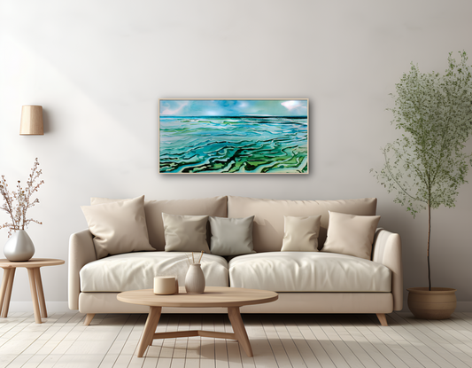 Wandkunst über Sofa: Großformatiges Leinwandbild "Jadewatt" in Türkis und Grün. Sorgt für eine ruhige Atmosphäre im Raum.
